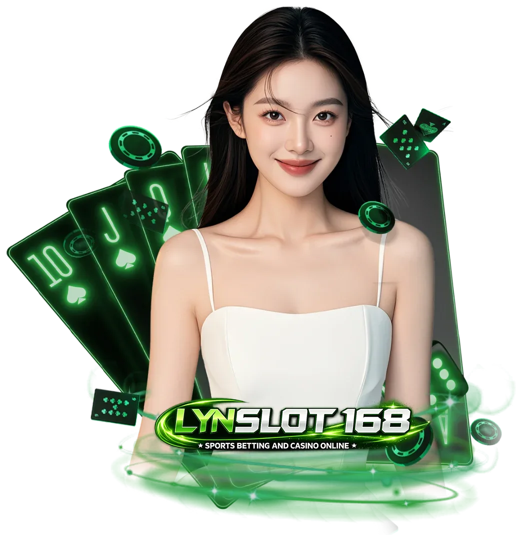 ภาพกราฟิกโปรโมทเว็บ lynslot168 คาสิโนออนไลน์ แสดงหญิงสาวพร้อมไพ่โป๊กเกอร์และชิปคาสิโน โทนสีเขียวสไตล์คาสิโน สื่อถึงเกมสล็อต บาคาร่า และคาสิโนสดบนเว็บ lynslot168