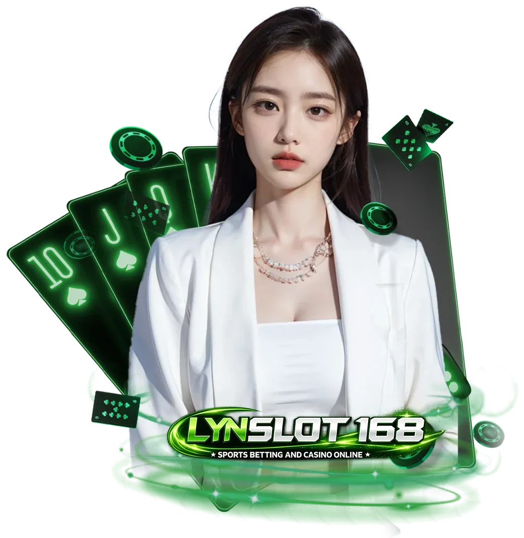 ภาพกราฟิกโปรโมทเว็บ lynslot168 คาสิโนออนไลน์ แสดงหญิงสาวพร้อมไพ่โป๊กเกอร์และชิปคาสิโน โทนสีเขียวสไตล์คาสิโน สื่อถึงเกมสล็อต บาคาร่า และคาสิโนสดบนเว็บ lynslot168