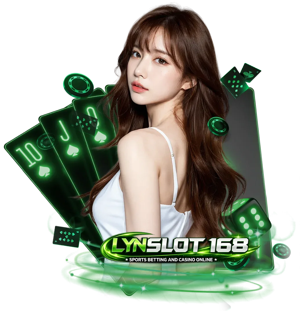 ภาพกราฟิกโปรโมทเว็บ lynslot168 คาสิโนออนไลน์ แสดงหญิงสาวพร้อมไพ่โป๊กเกอร์และชิปคาสิโน โทนสีเขียวสไตล์คาสิโน สื่อถึงเกมสล็อต บาคาร่า และคาสิโนสดบนเว็บ lynslot168
